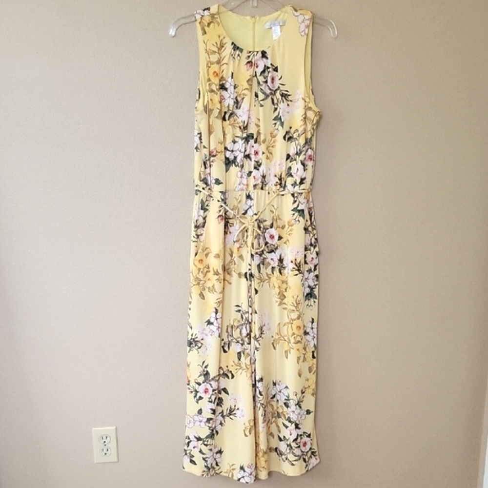 London Times Yellow Floral Printed Wide Leg Jumpsuit Spring Boho Coastal